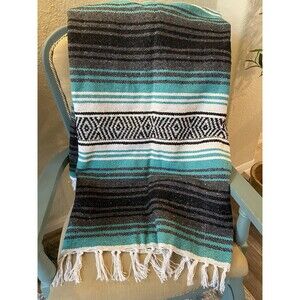 Vintage Mexican Blanket Traditional Falsa Turquoise Black Ivory Fringed 44”x71”